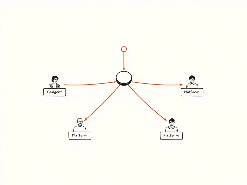 Hub d'orchestration reliant plusieurs agents par un fil rouge, illustration éditoriale monochrome