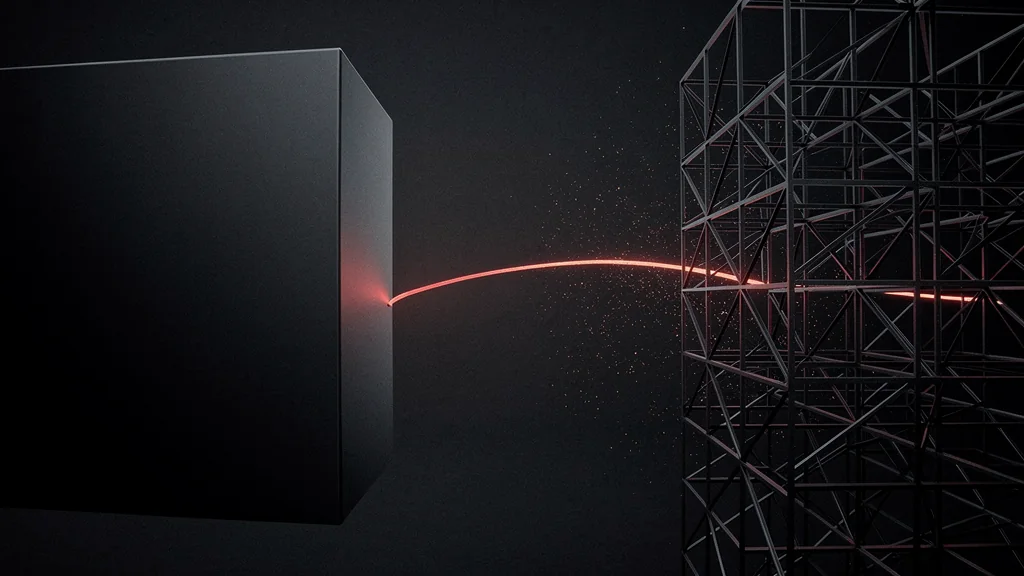 Un bloc monolithique fermé face à une structure ouverte traversée par un fil rouge, illustration éditoriale sur fond sombre