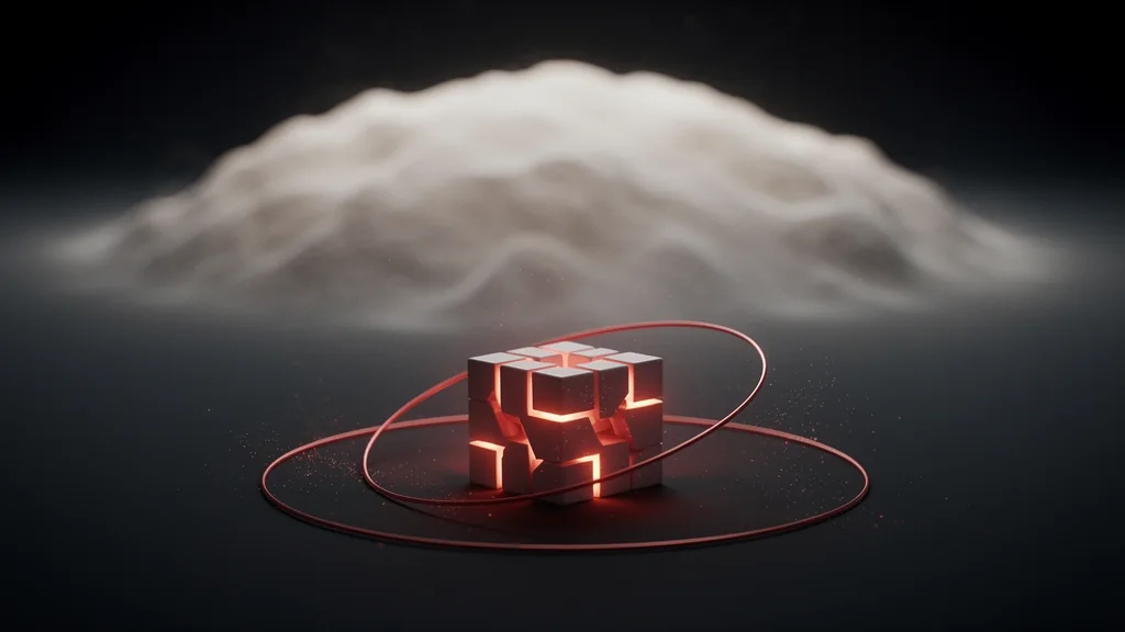 Un nœud compact et autonome cerclé d'un fil rouge, à distance d'une masse diffuse, illustration éditoriale sur fond sombre